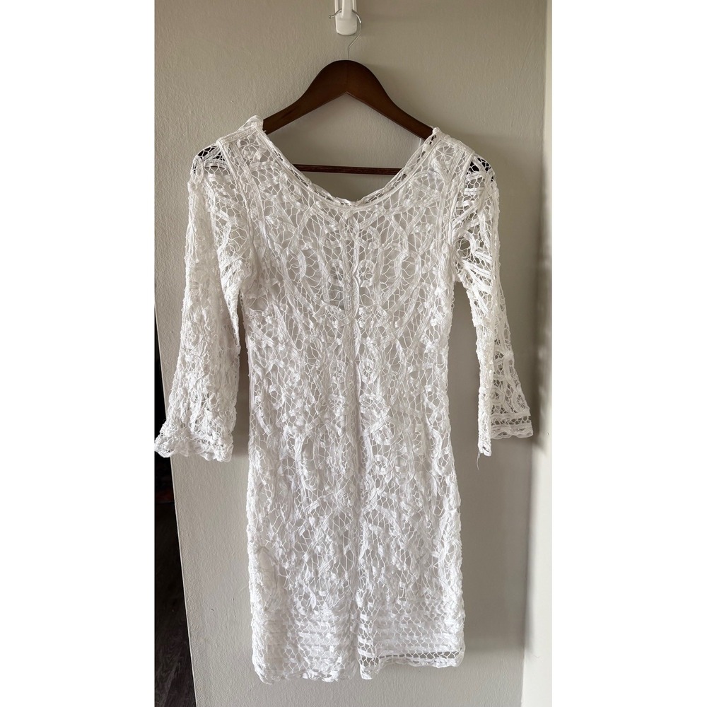 INC International Concepts White Crochet Lace Dress Size 0 Bell Sleeve Boho